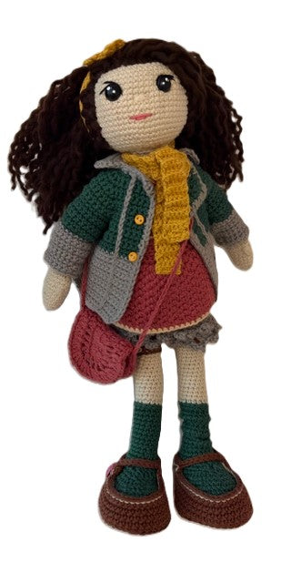 Handmade Emma Brunette Crochet Doll 14" Amigurumi 8-Piece Gift Set Age 8–12+