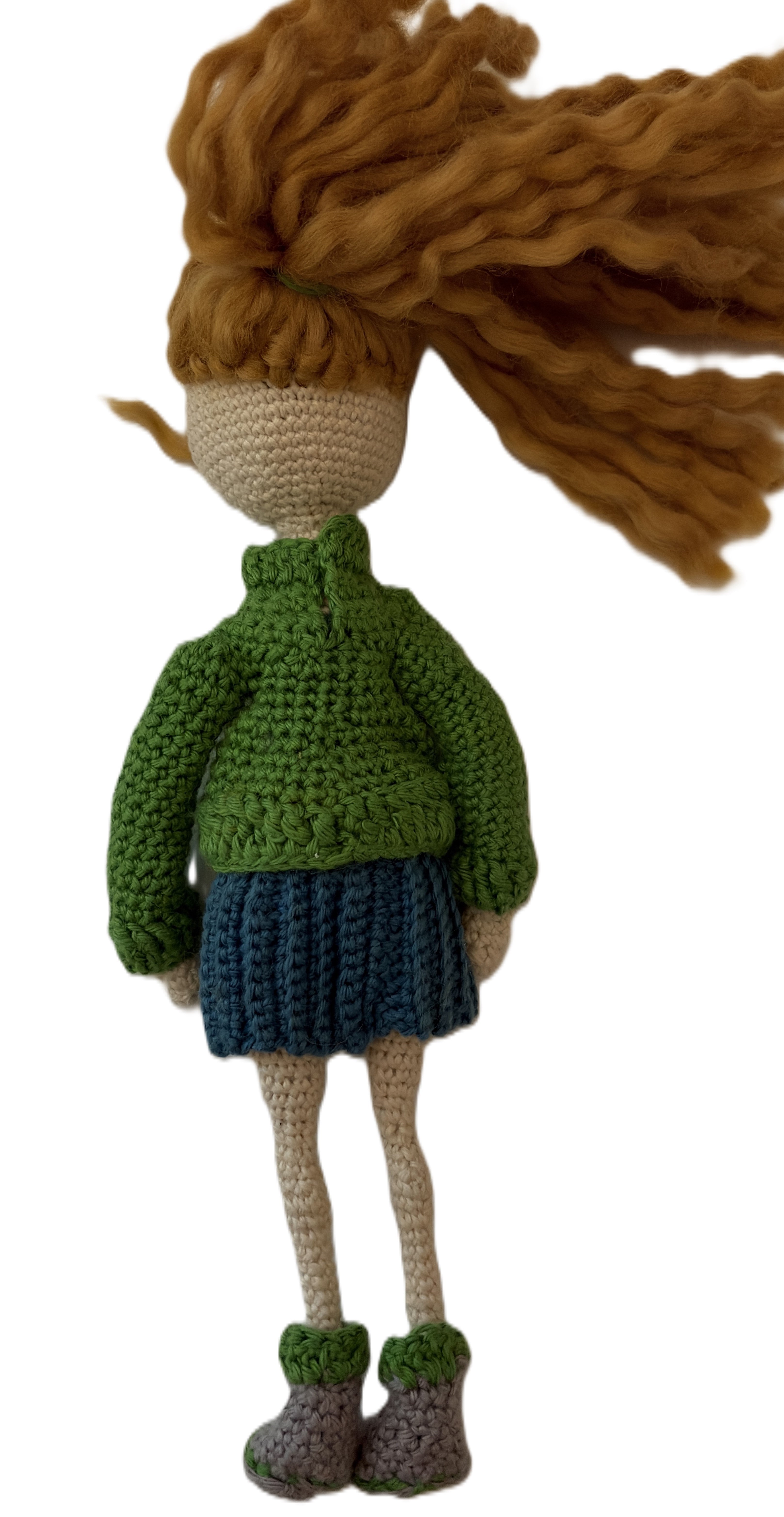 Lovely Lori – 11” Handmade Crochet Doll with Green Sweater & Pleated Skirt (Ages 8–12+)