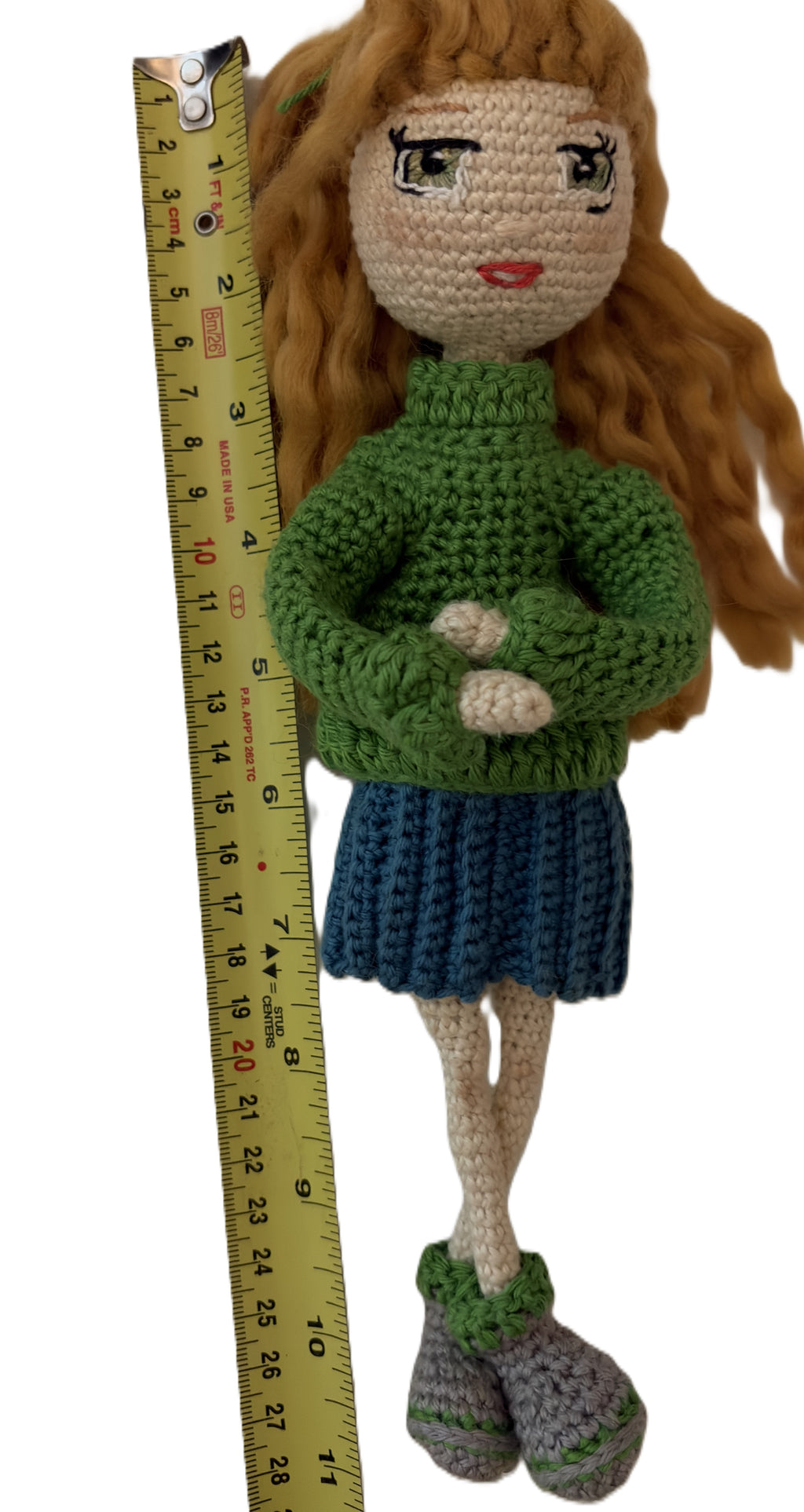 Lovely Lori – 11” Handmade Crochet Doll with Green Sweater & Pleated Skirt (Ages 8–12+)