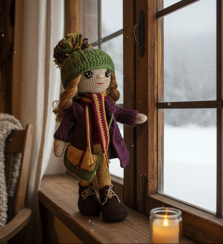 Handmade Bridget Blondie Crochet Doll with Coat & Scarf – 11.5” Amigurumi display (Ages 8–12+)