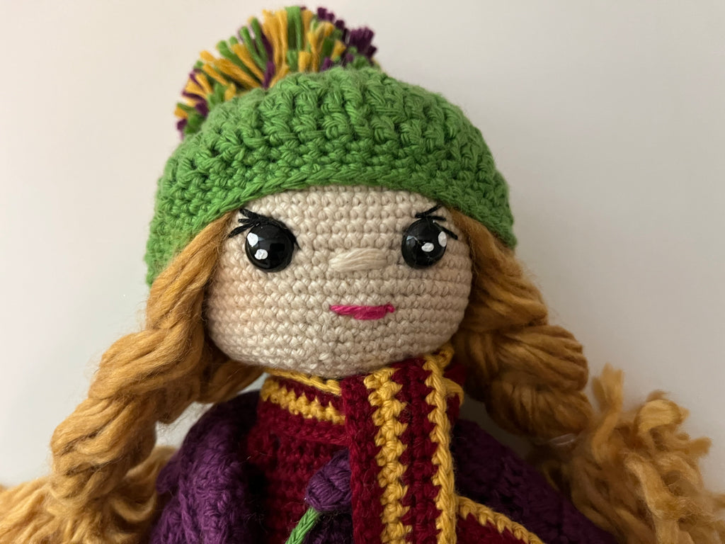 Handmade Bridget Blondie Crochet Doll with Coat & Scarf – 11.5” Amigurumi display (Ages 8–12+)