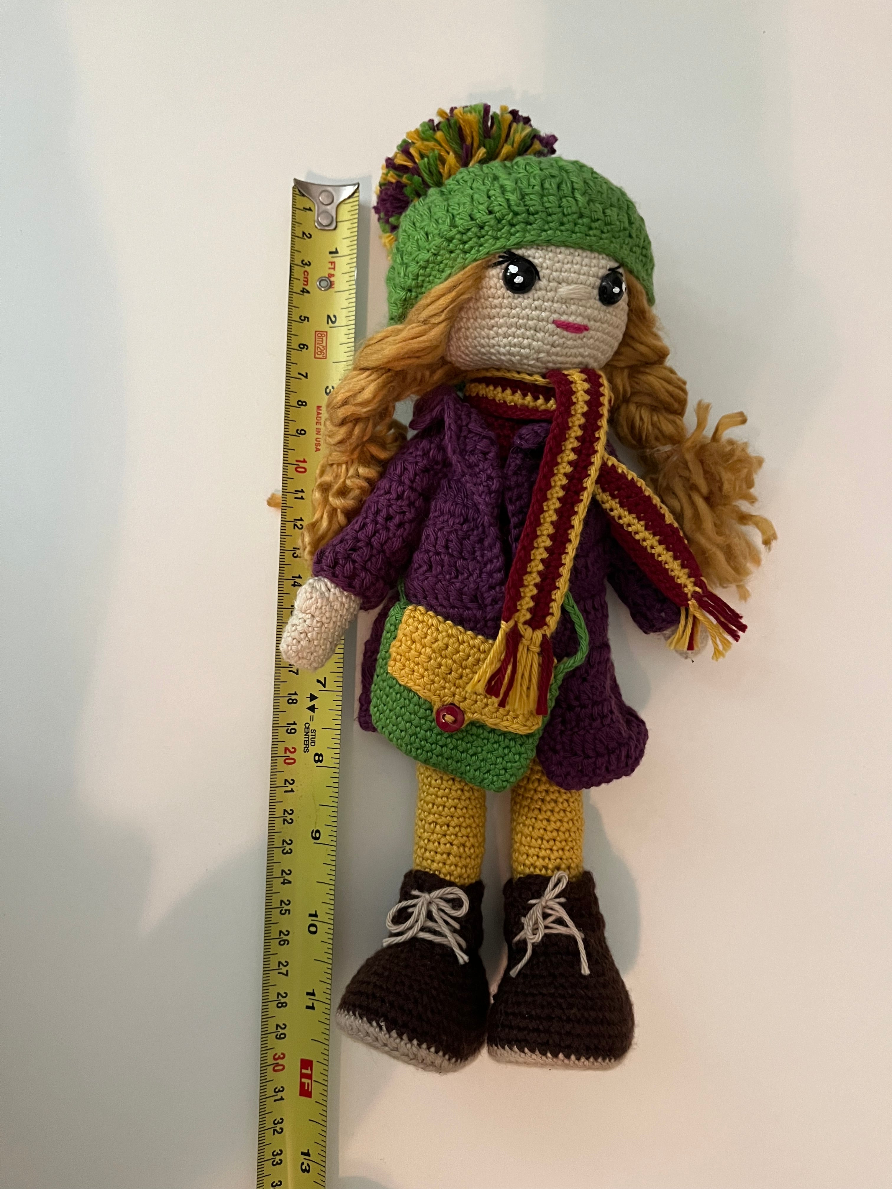 Handmade Bridget Blondie Crochet Doll with Coat & Scarf – 11.5” Amigurumi display (Ages 8–12+)
