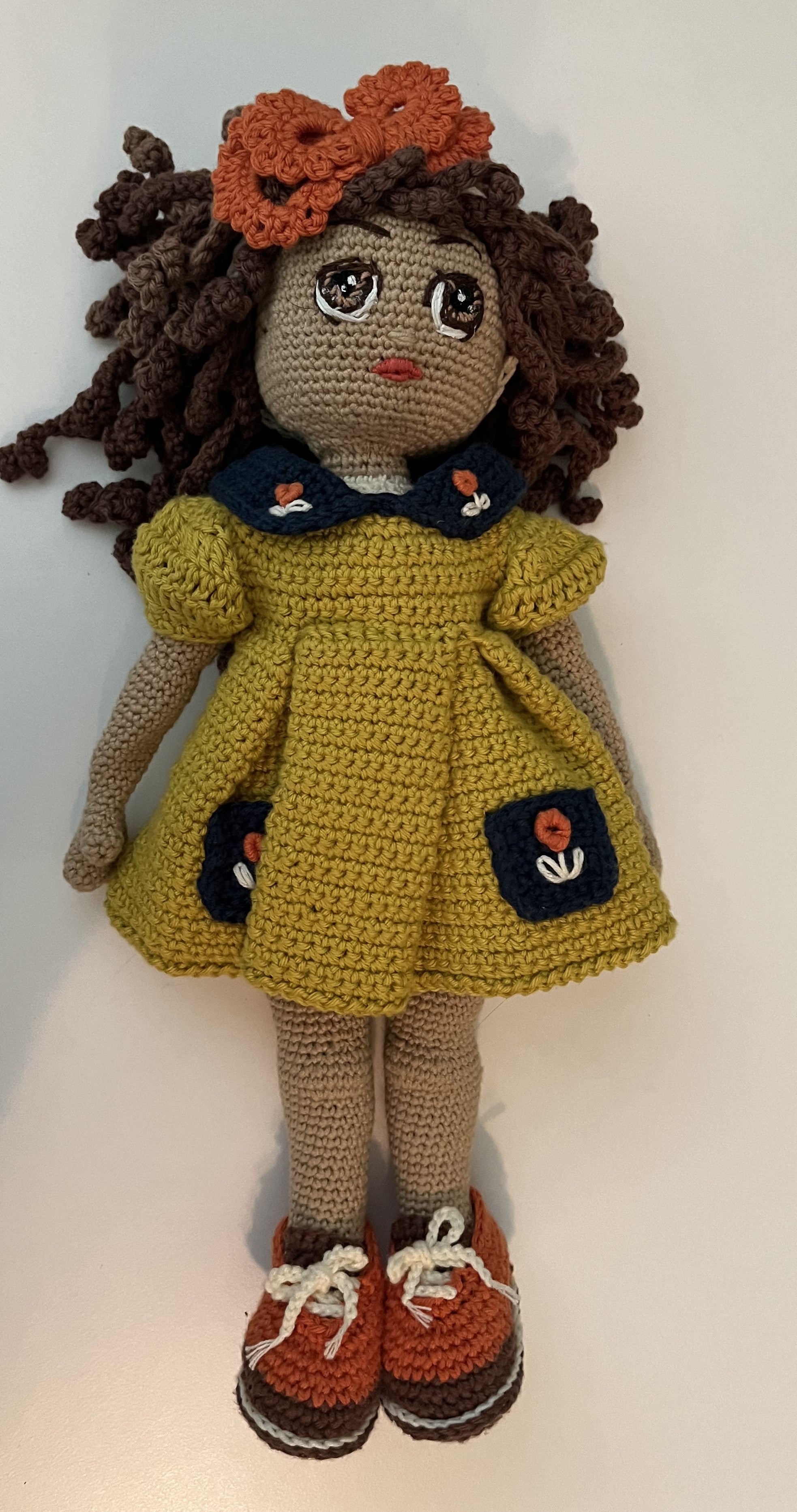 Vicki – 14” Handmade Crochet Doll with Curly Two-Tone Hair, Floral Dress & Magnetic Hands (Ages 8–12+)