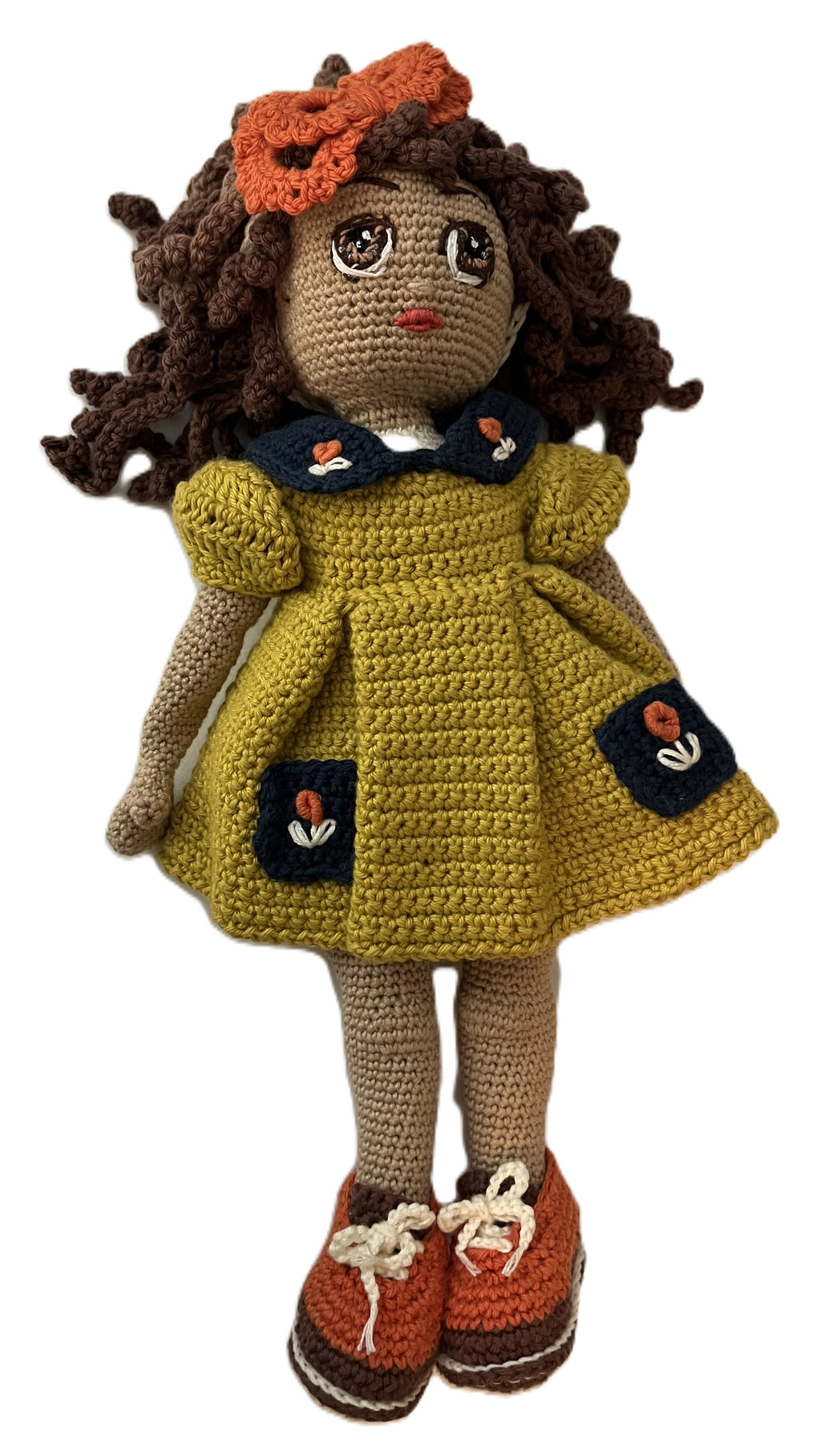 Vicki – 14” Handmade Crochet Doll with Curly Two-Tone Hair, Floral Dress & Magnetic Hands (Ages 8–12+)