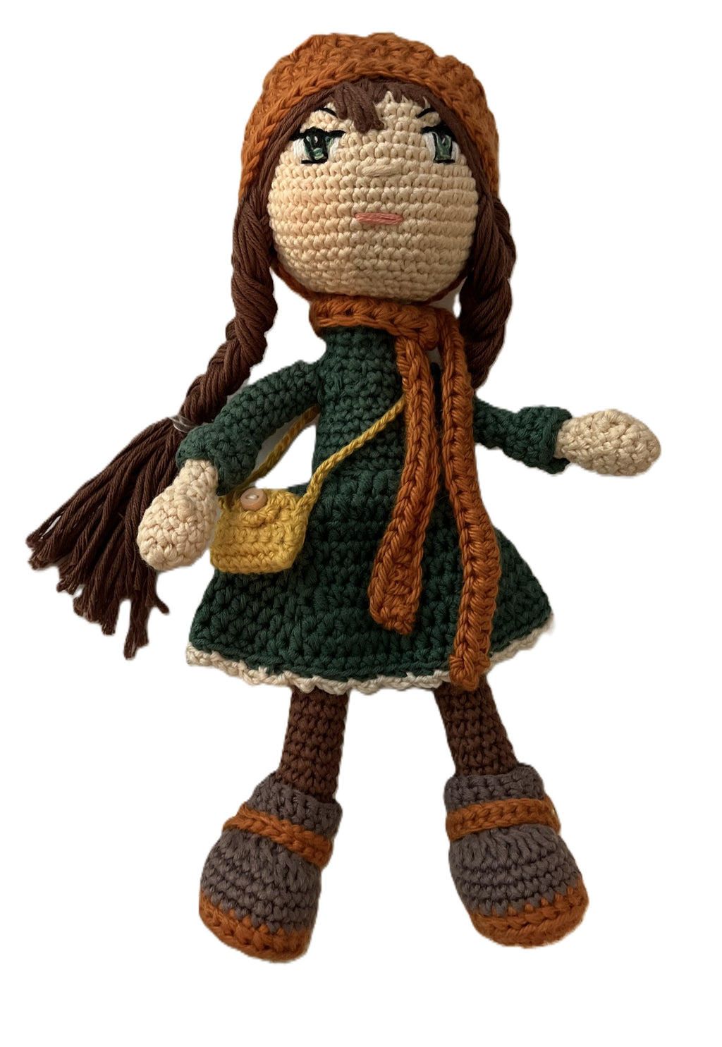 Ann – 9” Handmade Crochet Doll with Braids, Beanie Hat & Forest Green Dress (Ages 8–12+)