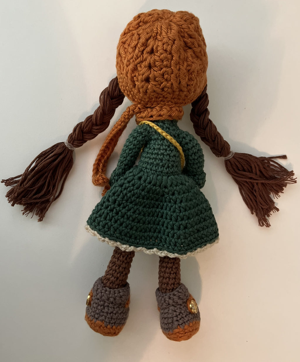 Ann – 9” Handmade Crochet Doll with Braids, Beanie Hat & Forest Green Dress (Ages 8–12+)