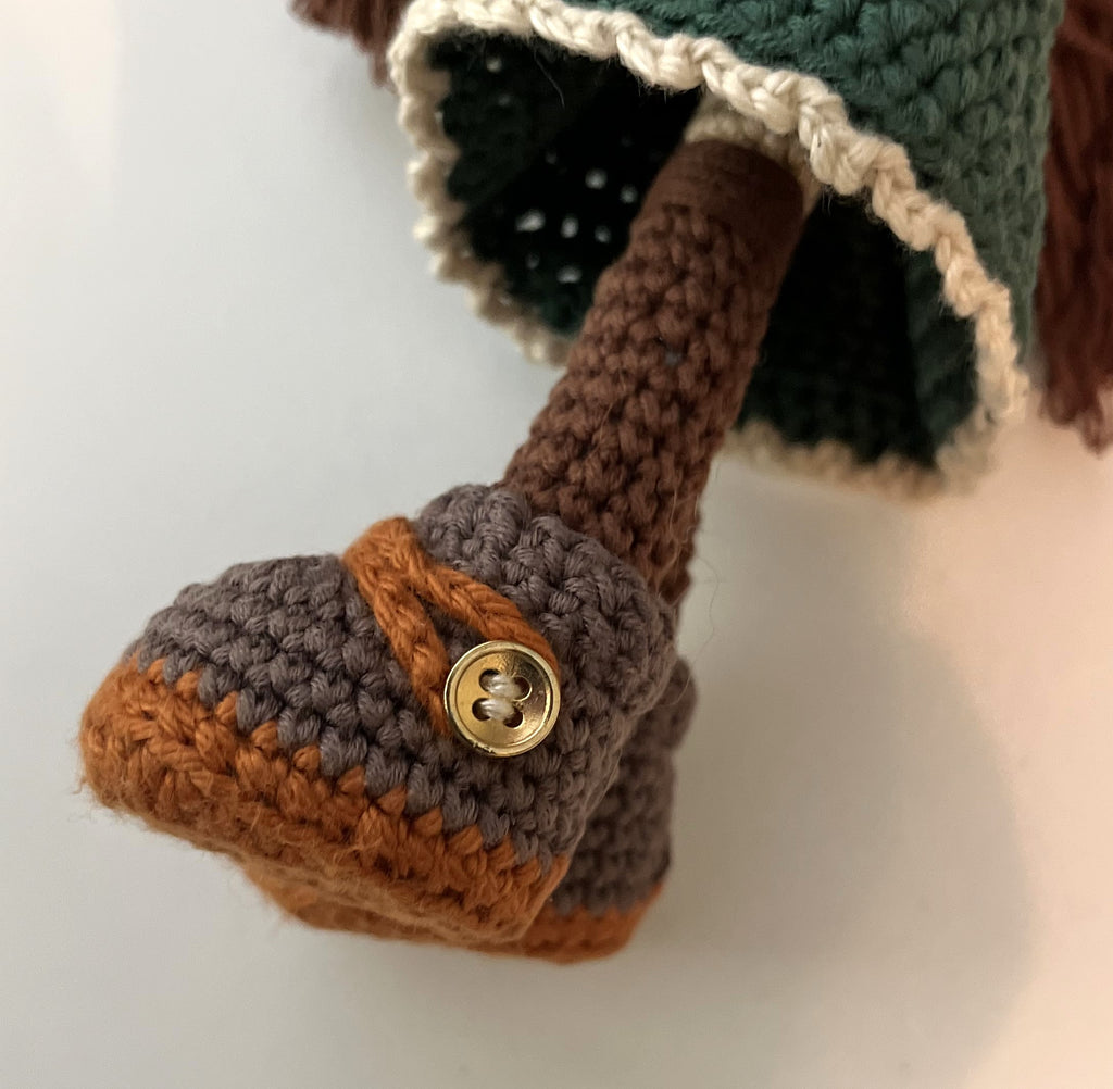 Ann – 9” Handmade Crochet Doll with Braids, Beanie Hat & Forest Green Dress (Ages 8–12+)