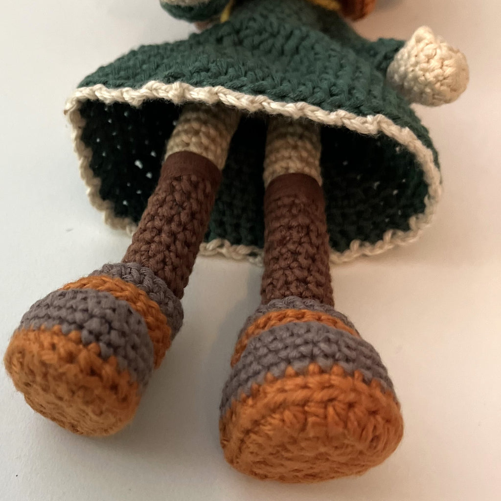 Ann – 9” Handmade Crochet Doll with Braids, Beanie Hat & Forest Green Dress (Ages 8–12+)