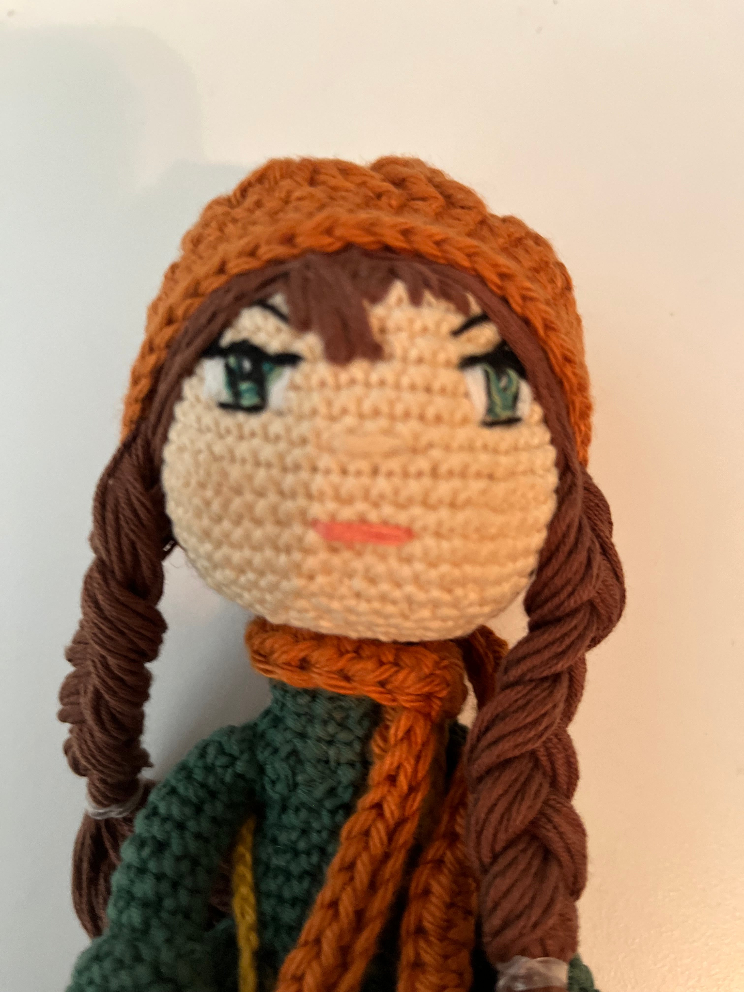 Ann – 9” Handmade Crochet Doll with Braids, Beanie Hat & Forest Green Dress (Ages 8–12+)