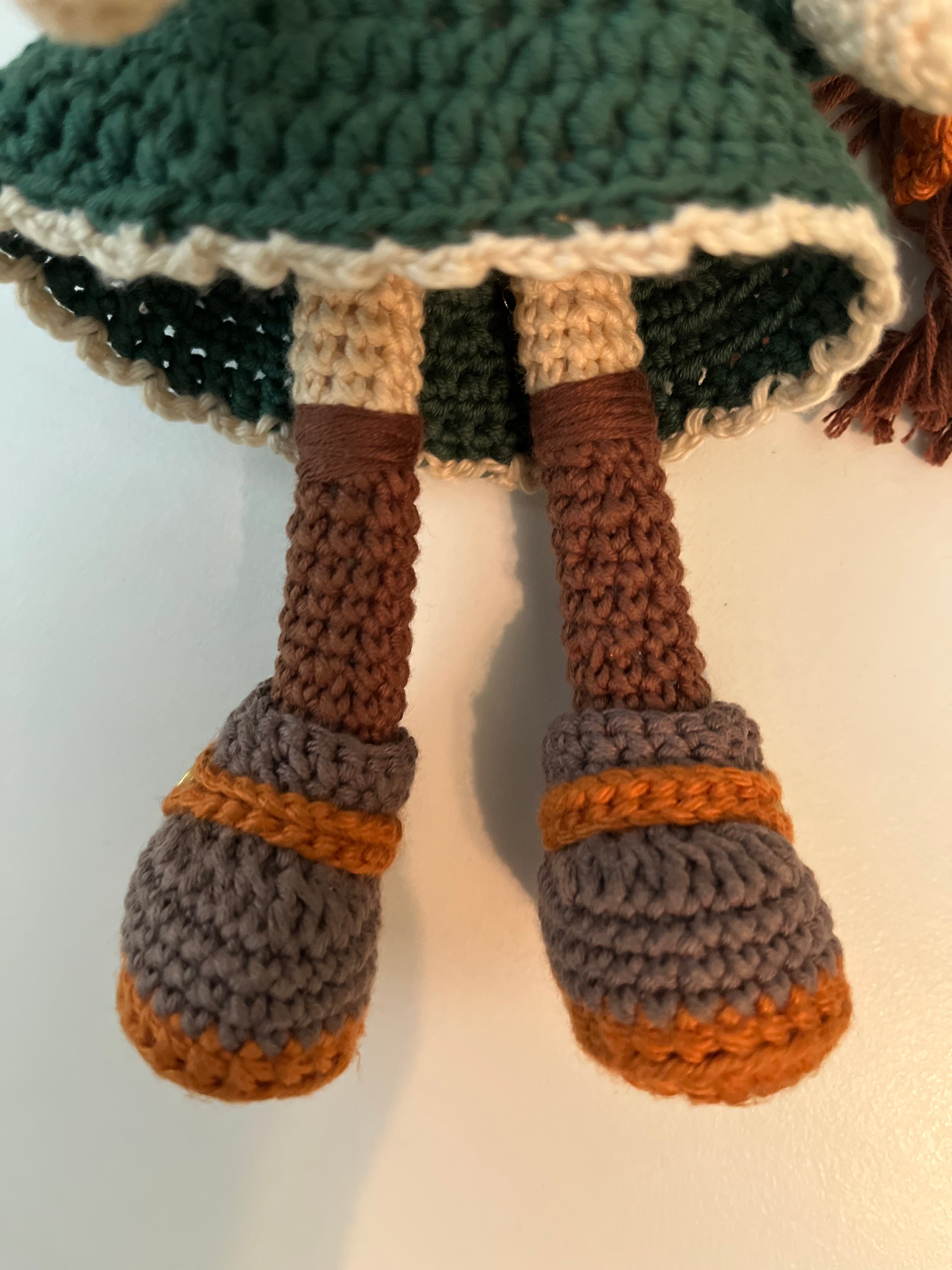 Ann – 9” Handmade Crochet Doll with Braids, Beanie Hat & Forest Green Dress (Ages 8–12+)