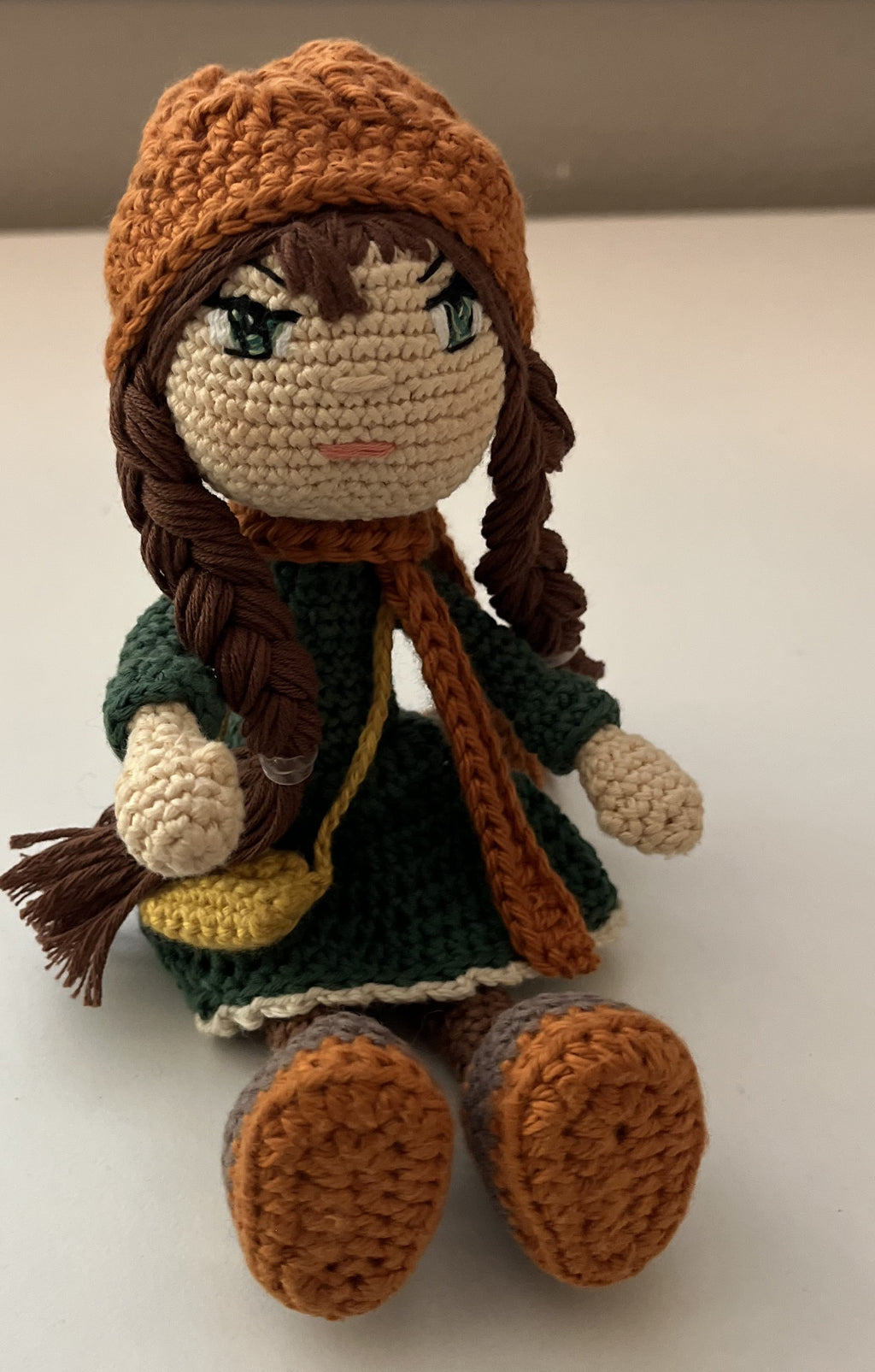 Ann – 9” Handmade Crochet Doll with Braids, Beanie Hat & Forest Green Dress (Ages 8–12+)