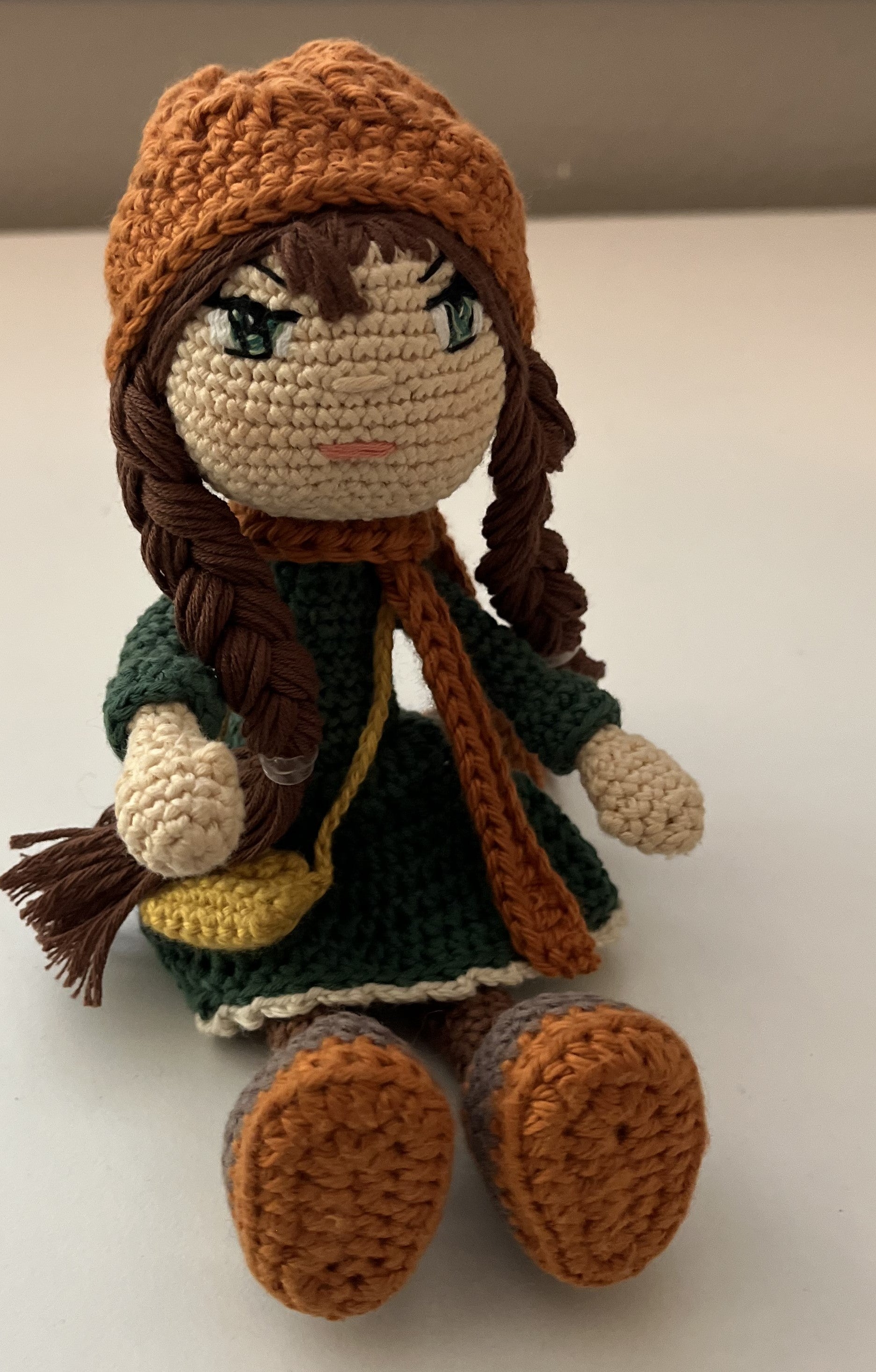 Ann – 9” Handmade Crochet Doll with Braids, Beanie Hat & Forest Green Dress (Ages 8–12+)