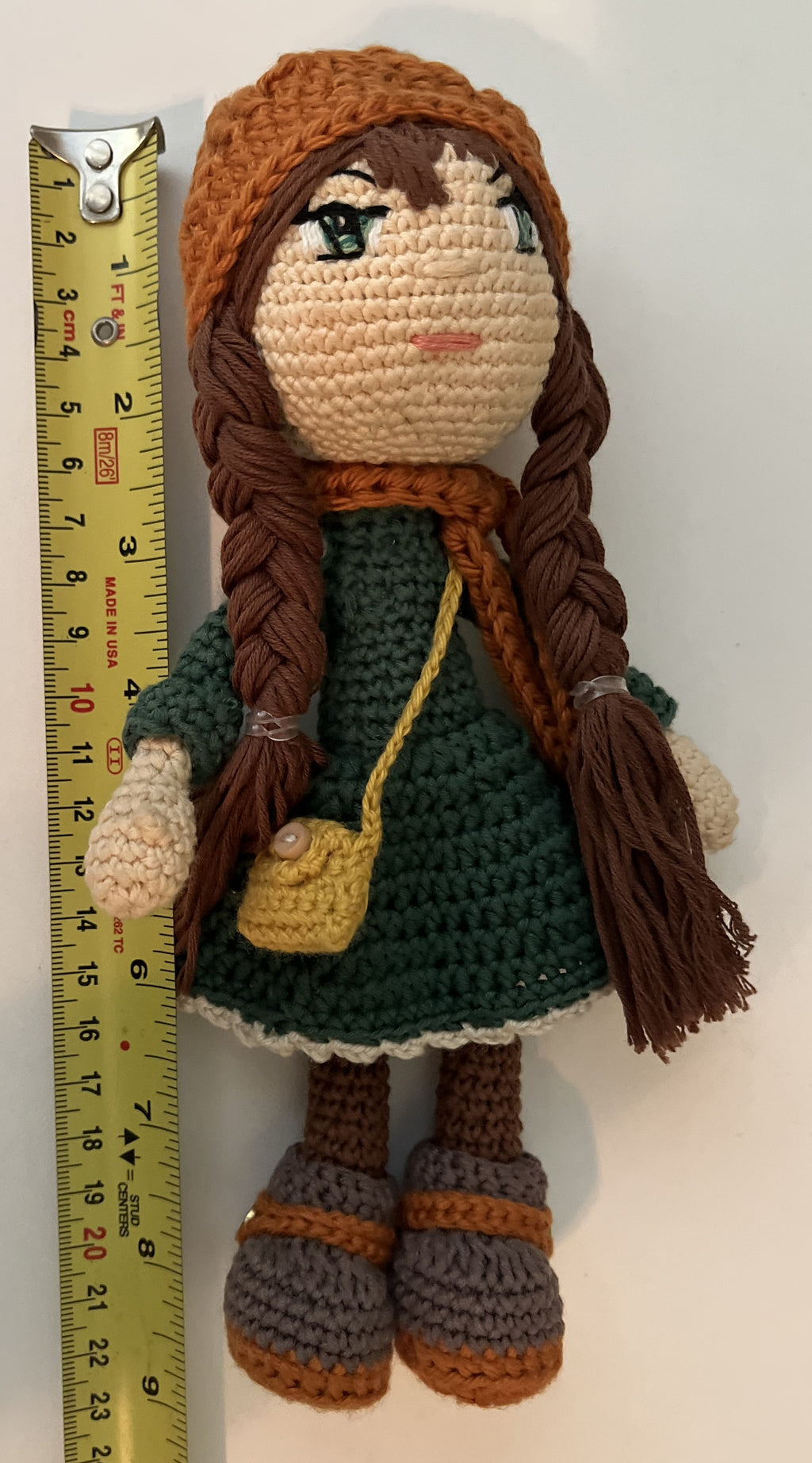 Ann – 9” Handmade Crochet Doll with Braids, Beanie Hat & Forest Green Dress (Ages 8–12+)