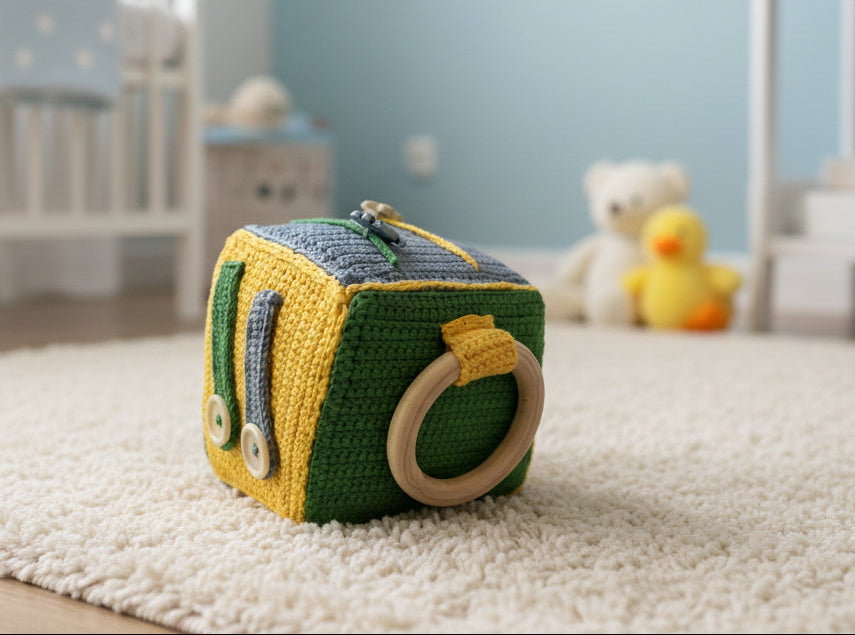 Handmade Crochet Montessori Sensory Baby Cube – 4x4x4 Activity Toy with Teether, Buttons & Textures