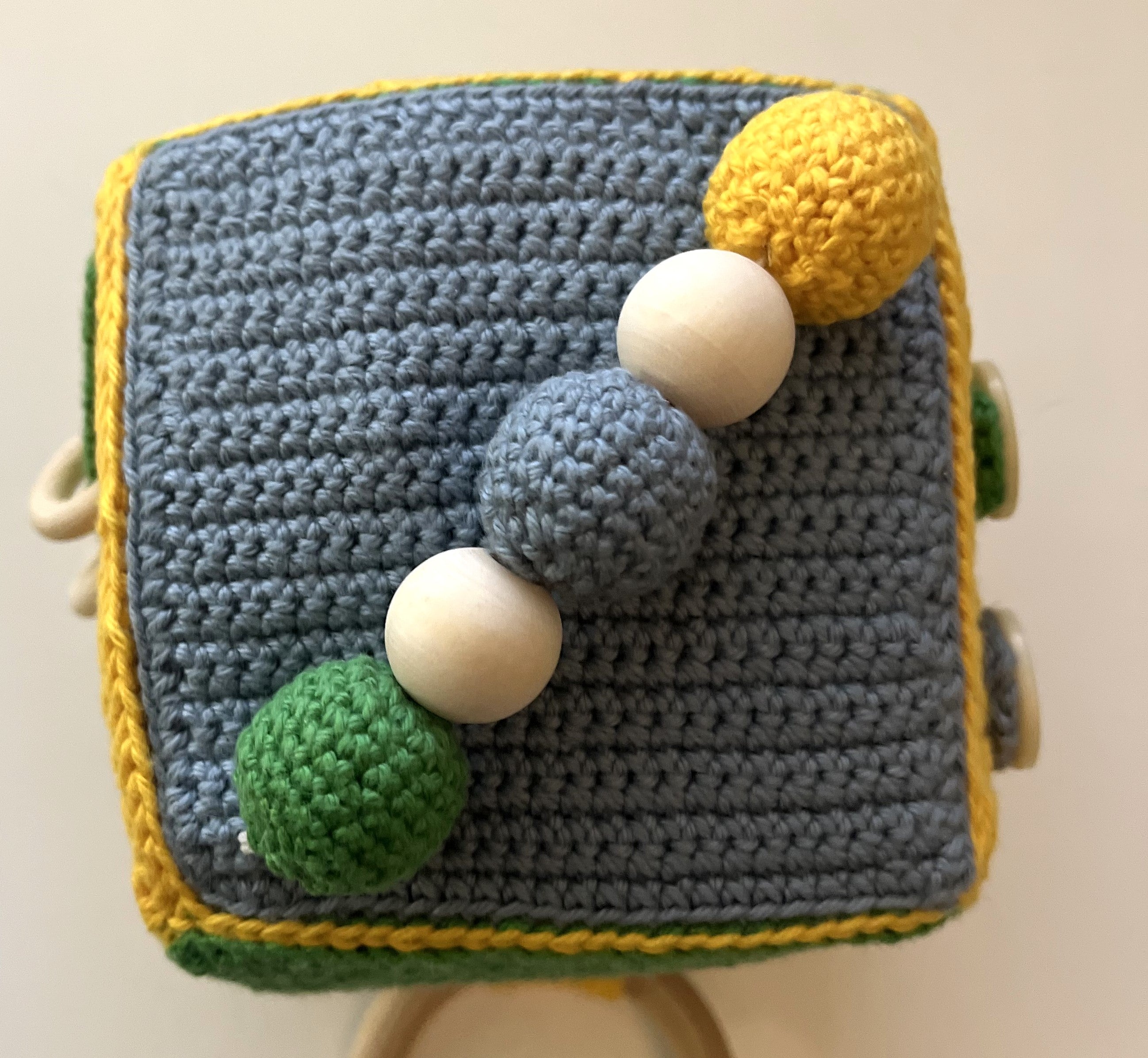 Handmade Crochet Montessori Sensory Baby Cube – 4x4x4 Activity Toy with Teether, Buttons & Textures