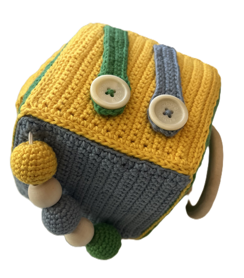 Handmade Crochet Montessori Sensory Baby Cube – 4x4x4 Activity Toy with Teether, Buttons & Textures