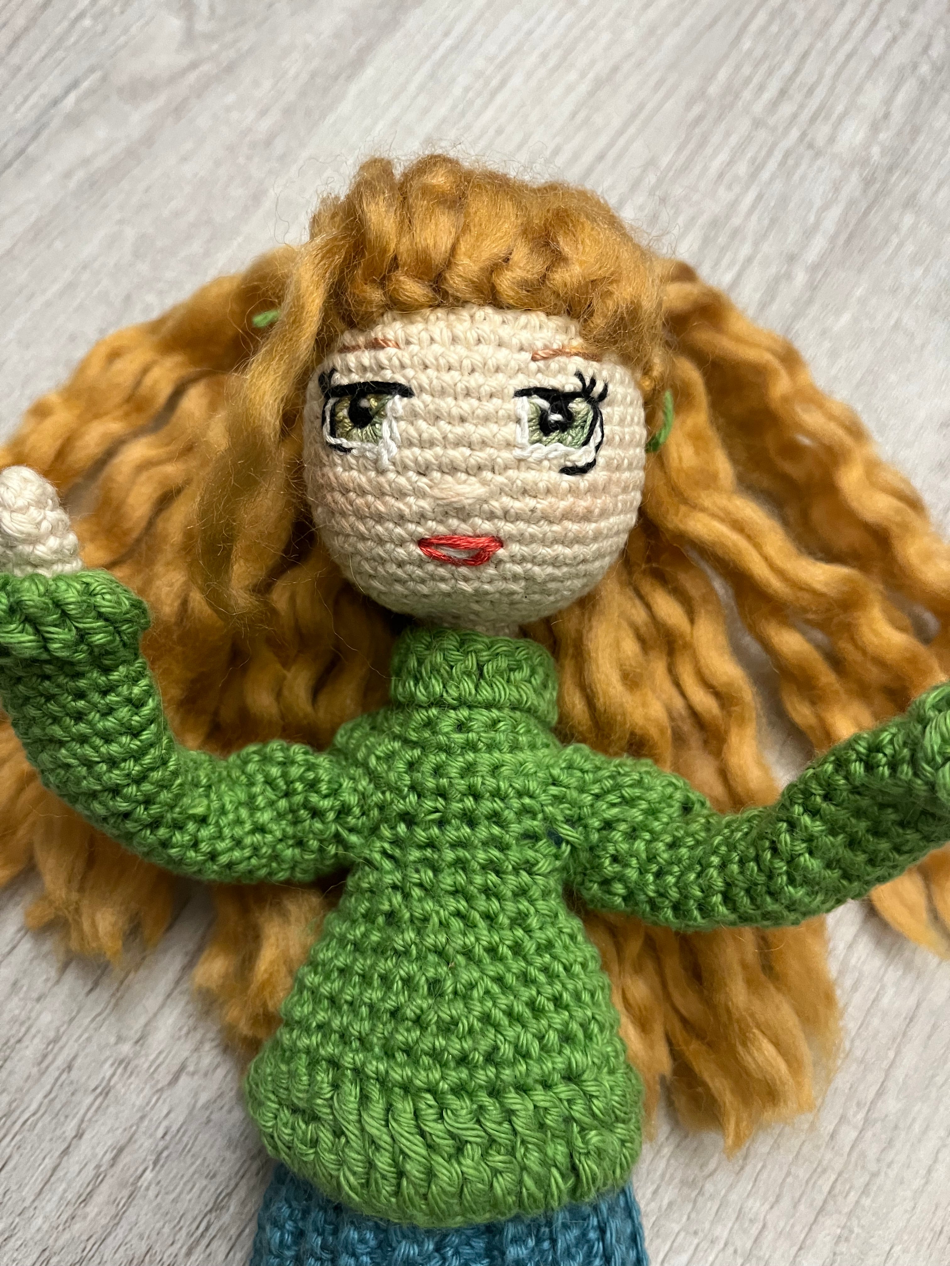 Lovely Lori – 11” Handmade Crochet Doll with Green Sweater & Pleated Skirt (Ages 8–12+)
