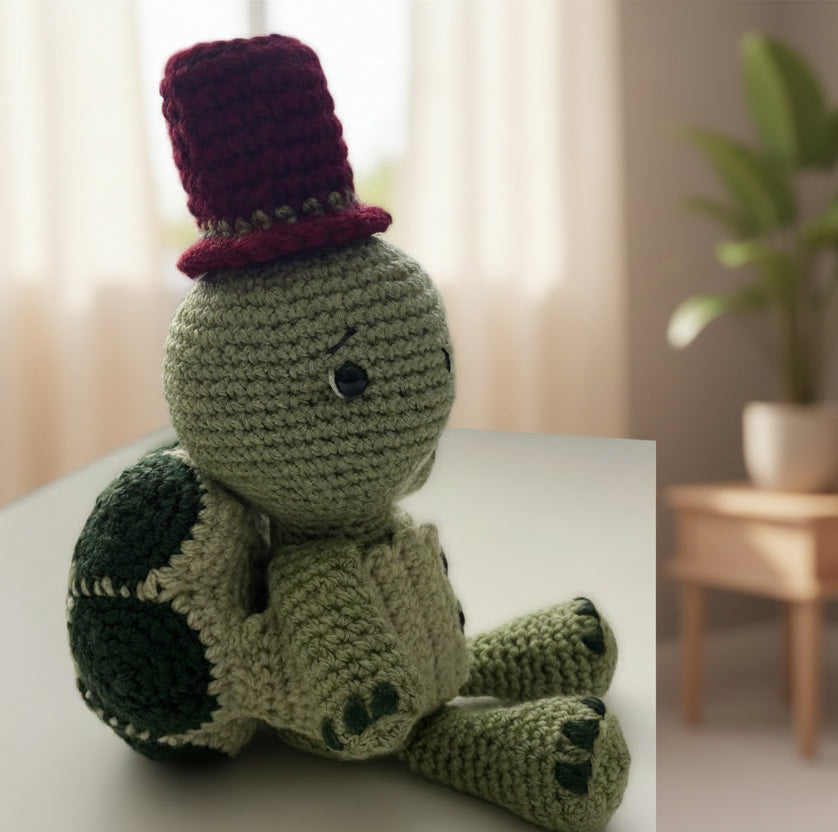 Cute Crochet Turtle Plushie - Toby with Detachable Vest Shell and Red Top Hat - 9" Amigurumi