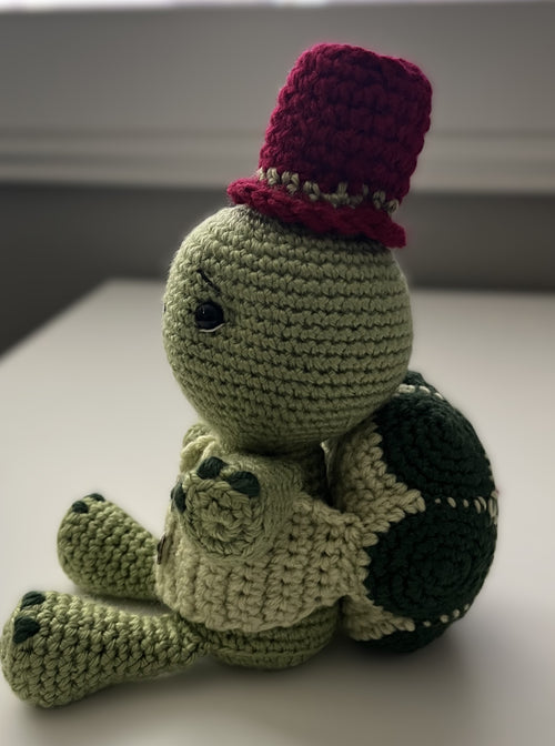 Cute Crochet Turtle Plushie - Toby with Detachable Vest Shell and Red Top Hat - 9" Amigurumi