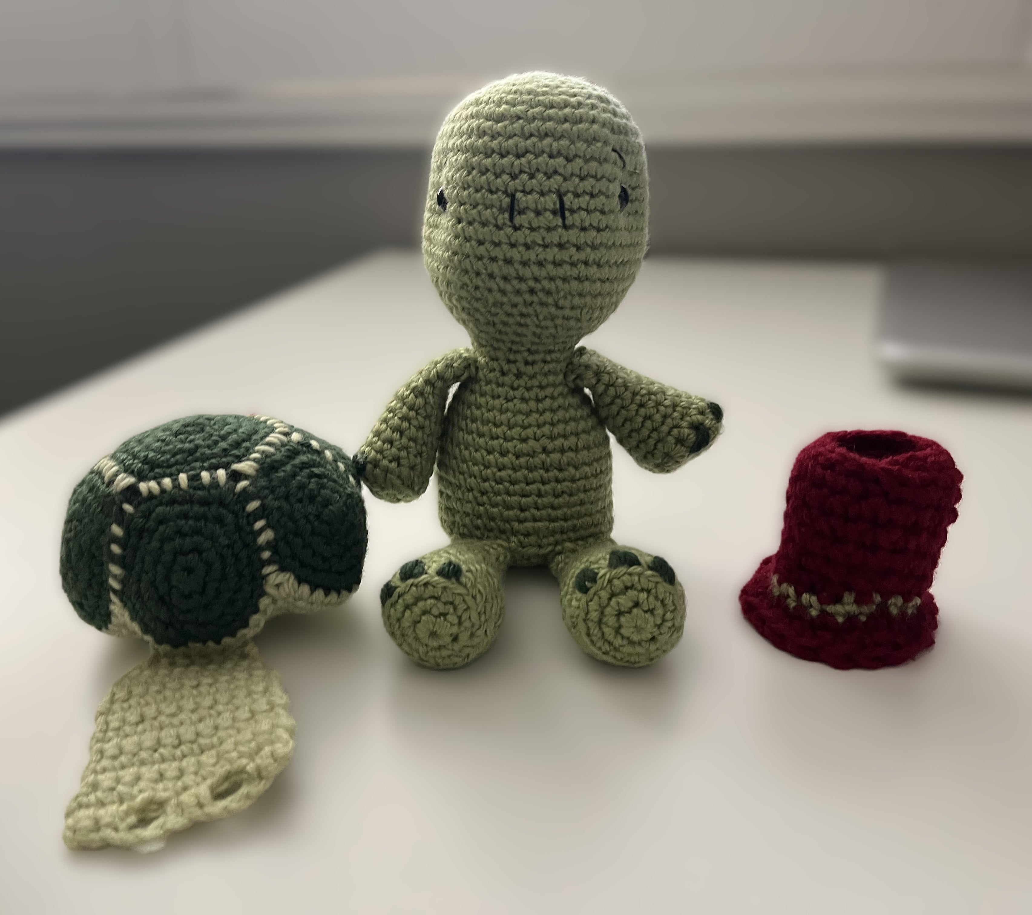 Cute Crochet Turtle Plushie - Toby with Detachable Vest Shell and Red Top Hat - 9" Amigurumi