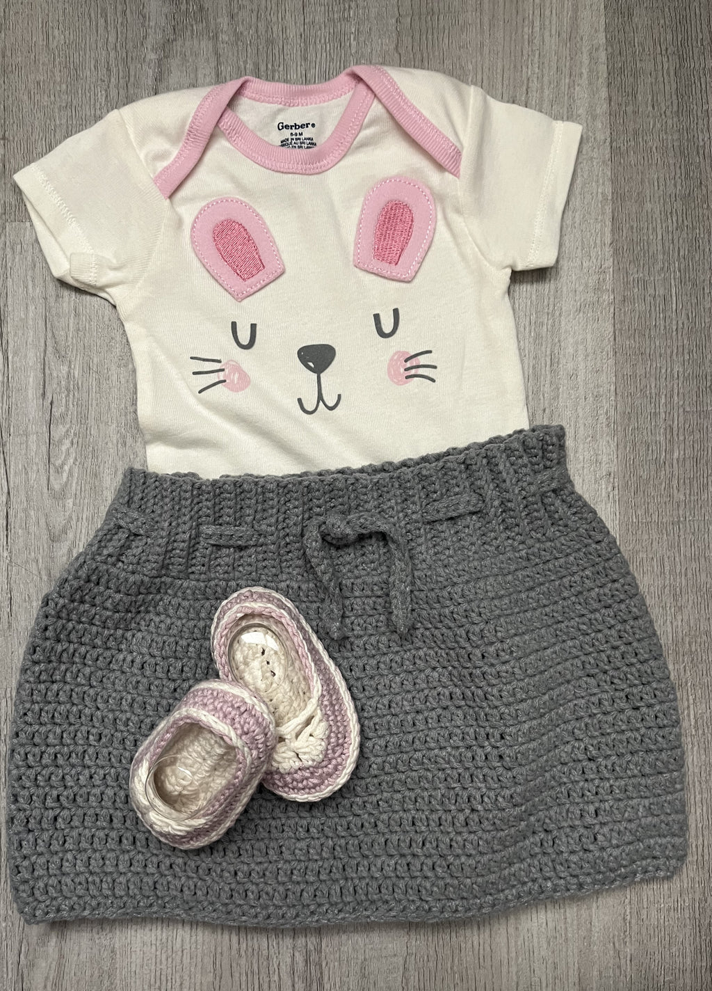 Gerber Onesie Baby Girl Set: Gray Crochet Skirt & Pink Cream Mary Jane Booties - 6-8 Months Handmade