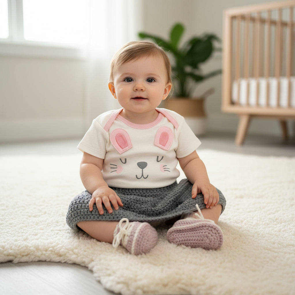 Gerber Onesie Baby Girl Set: Gray Crochet Skirt & Pink Cream Mary Jane Booties - 6-8 Months Handmade