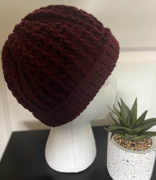 Burgundy Adult Cable Knit Beanie Hat – Medium Weight Acrylic Yarn – Warm & Stylish