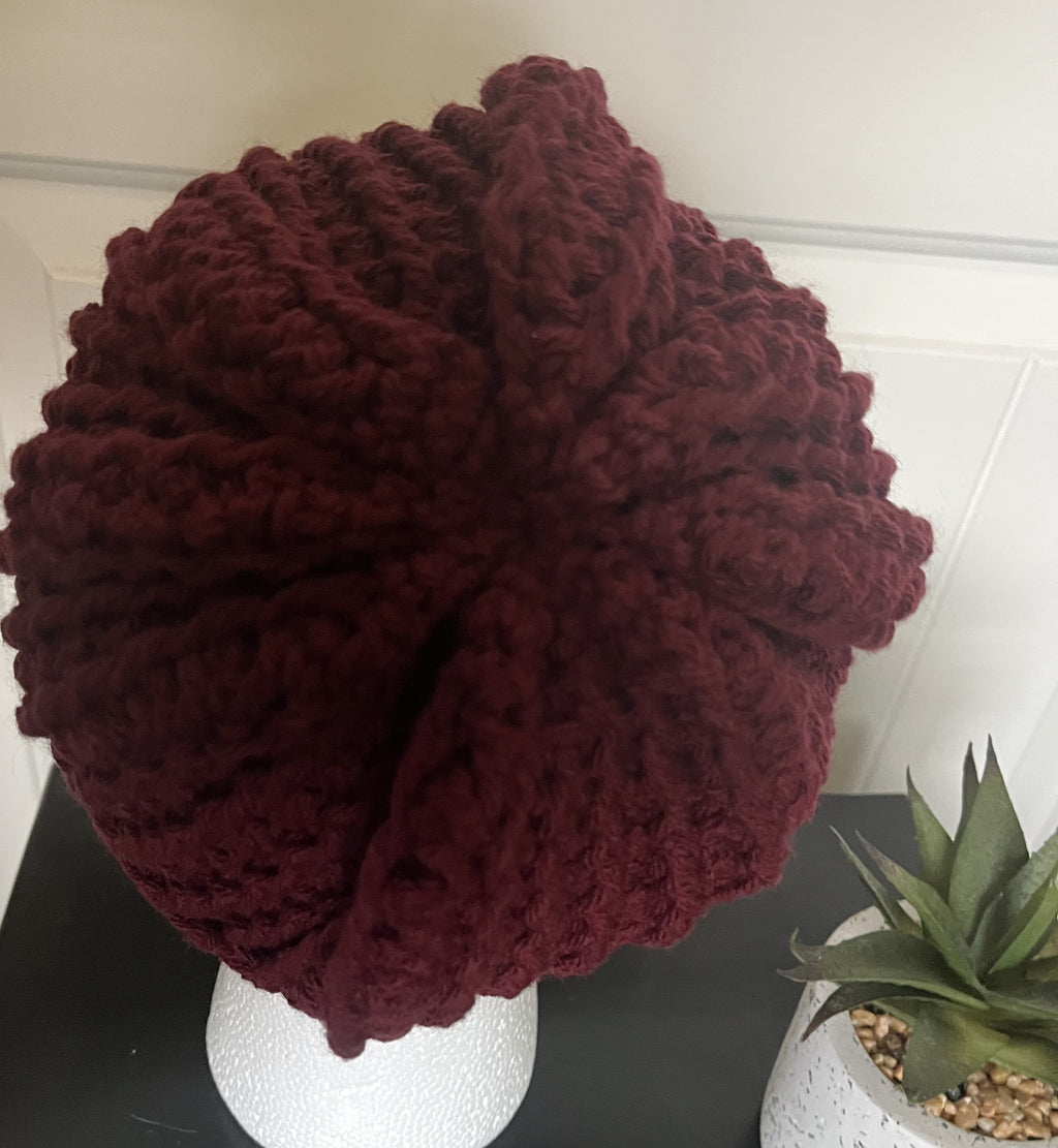 Burgundy Adult Cable Knit Beanie Hat – Medium Weight Acrylic Yarn – Warm & Stylish