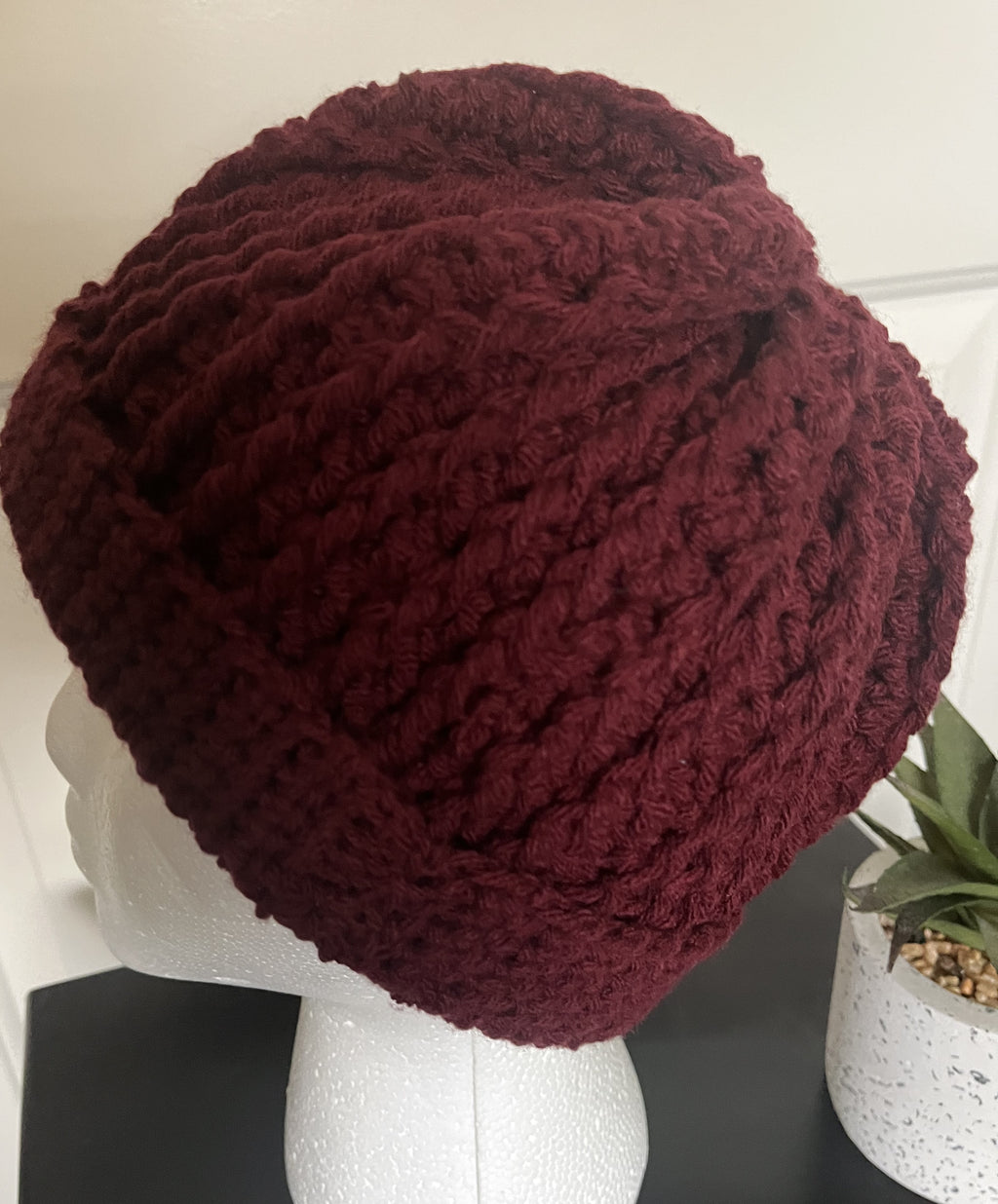 Burgundy Adult Cable Knit Beanie Hat – Medium Weight Acrylic Yarn – Warm & Stylish