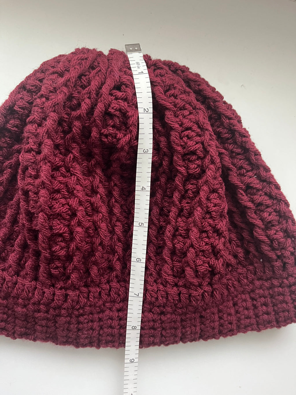 Burgundy Adult Cable Knit Beanie Hat – Medium Weight Acrylic Yarn – Warm & Stylish
