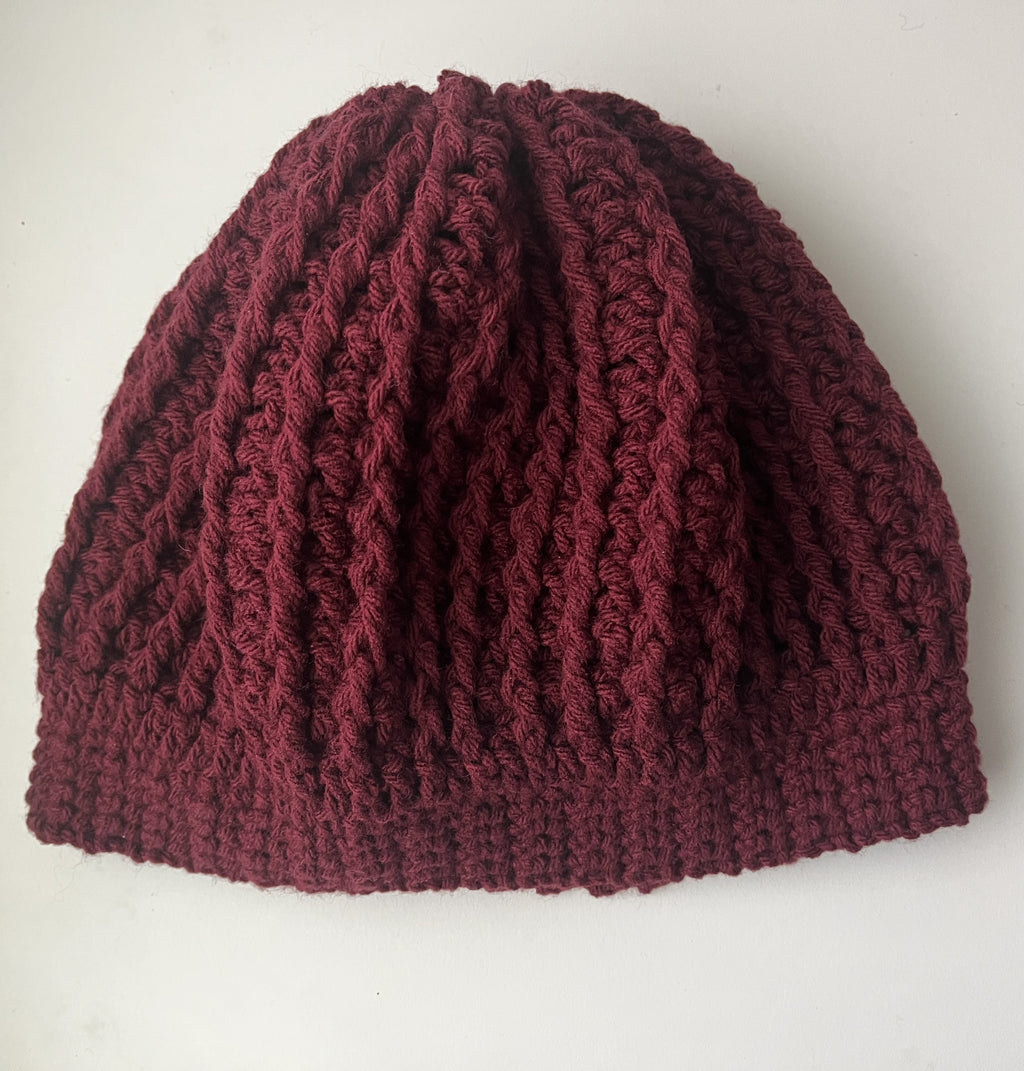Burgundy Adult Cable Knit Beanie Hat – Medium Weight Acrylic Yarn – Warm & Stylish