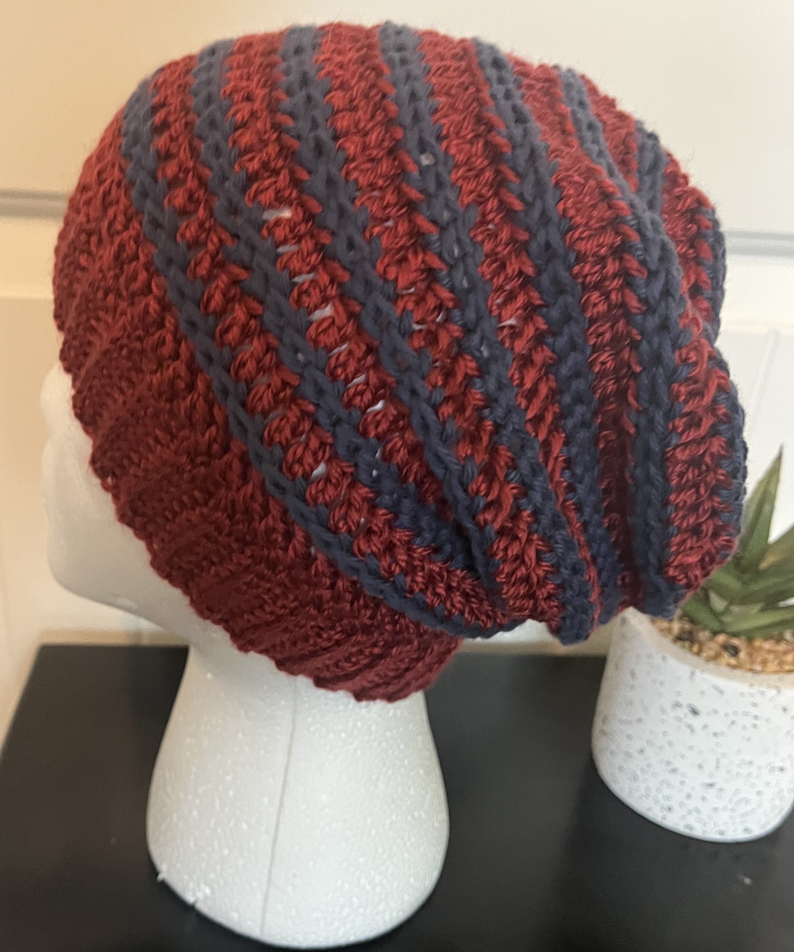 Wine & Navy Slouchy Beanie Hat for Adults – Acrylic Worsted Yarn – Soft & Warm
