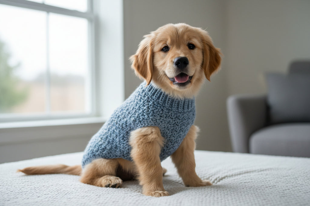 Puppy wearing a blue sweater sitting on a bed with a blurred background