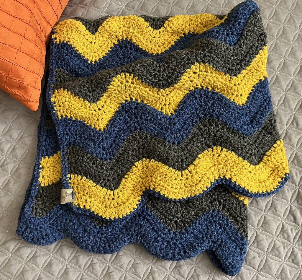 Handmade Crochet Chevron Blanket, Acrylic, Yellow/Blue/Gray, 33"x35", Small Throw