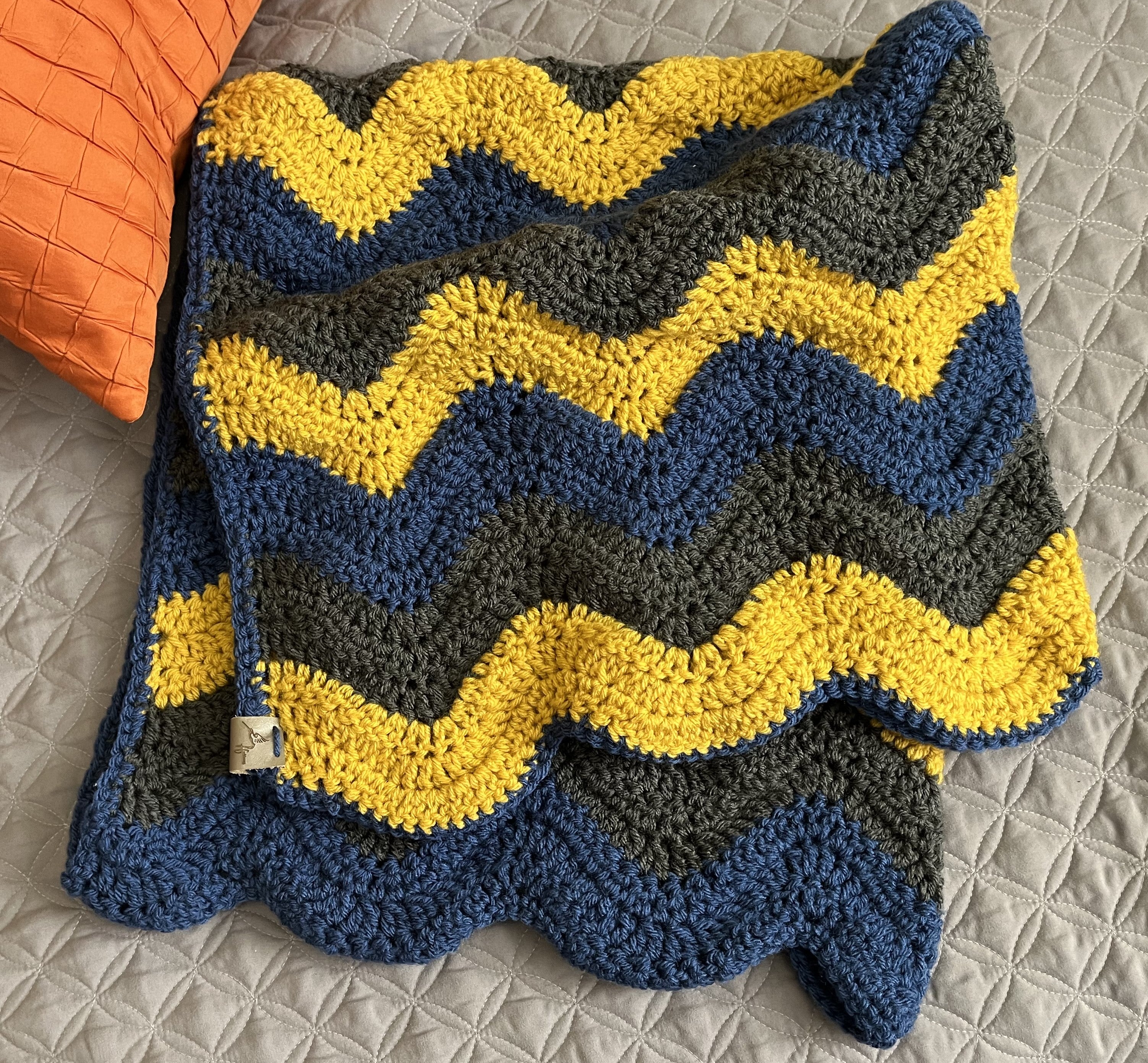 Handmade Crochet Chevron Blanket, Acrylic, Yellow/Blue/Gray, 33"x35", Small Throw