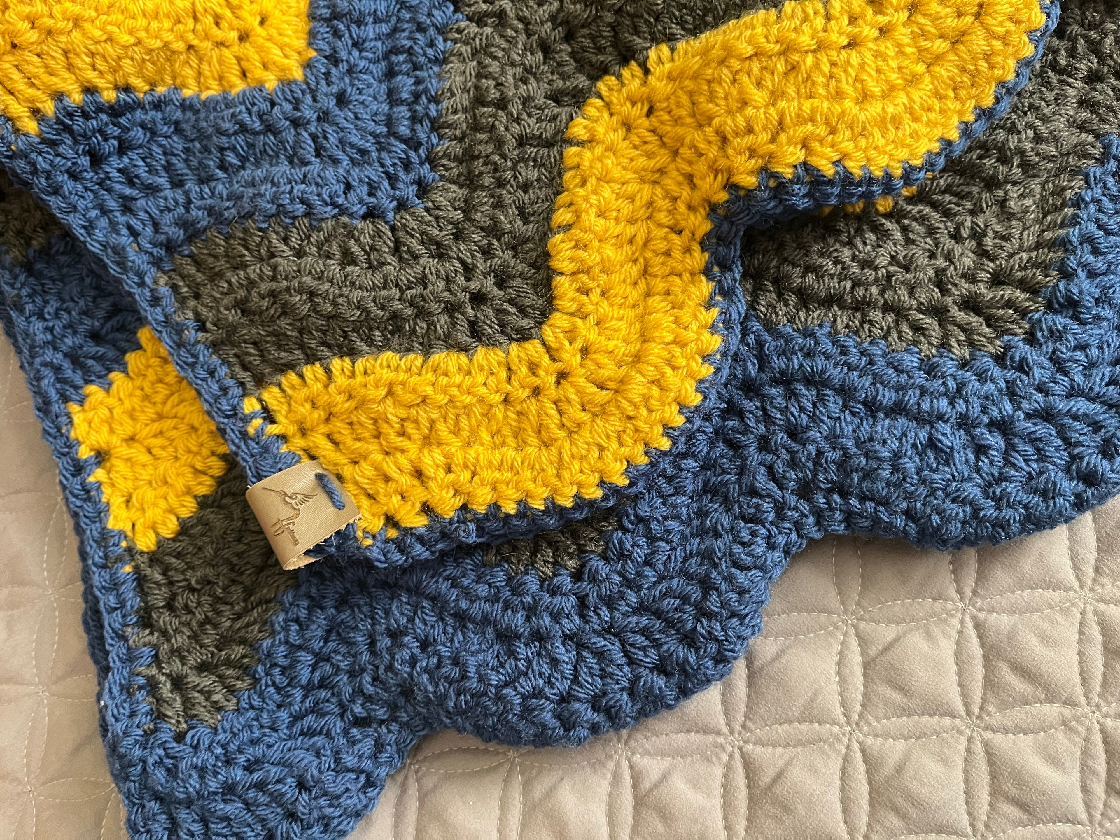 Handmade Crochet Chevron Blanket, Acrylic, Yellow/Blue/Gray, 33"x35", Small Throw