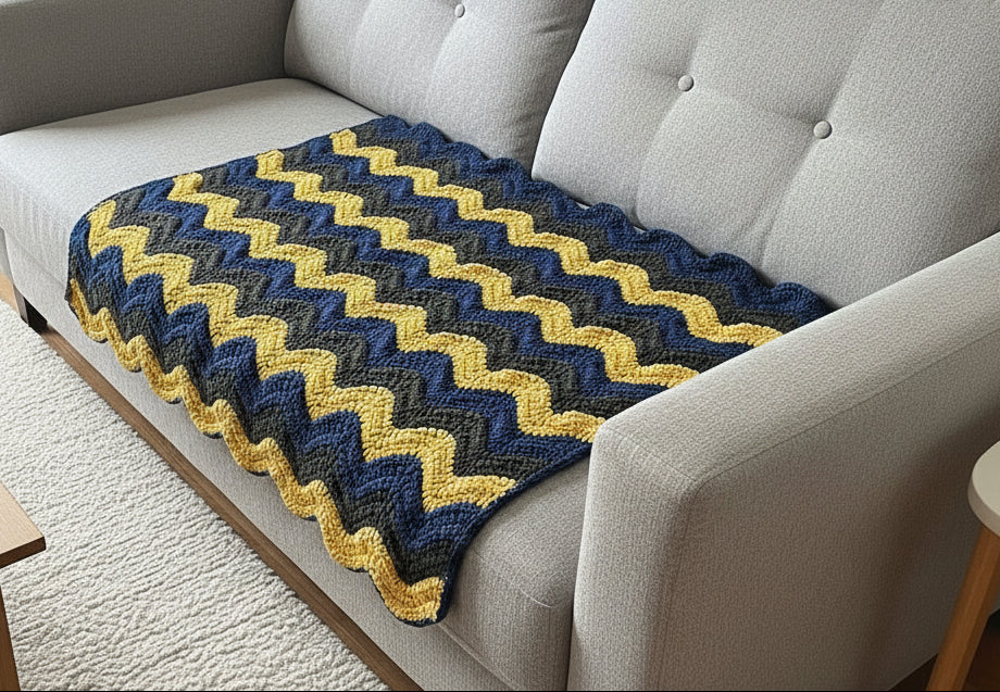 Handmade Crochet Chevron Blanket, Acrylic, Yellow/Blue/Gray, 33"x35", Small Throw