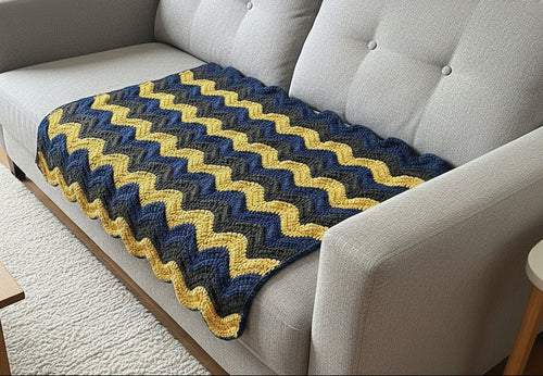 Handmade Crochet Chevron Baby Blanket – Yellow Blue Gray Acrylic Throw
