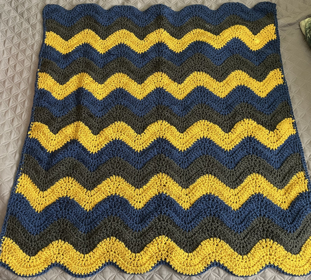 Handmade Crochet Chevron Blanket, Acrylic, Yellow/Blue/Gray, 33"x35", Small Throw