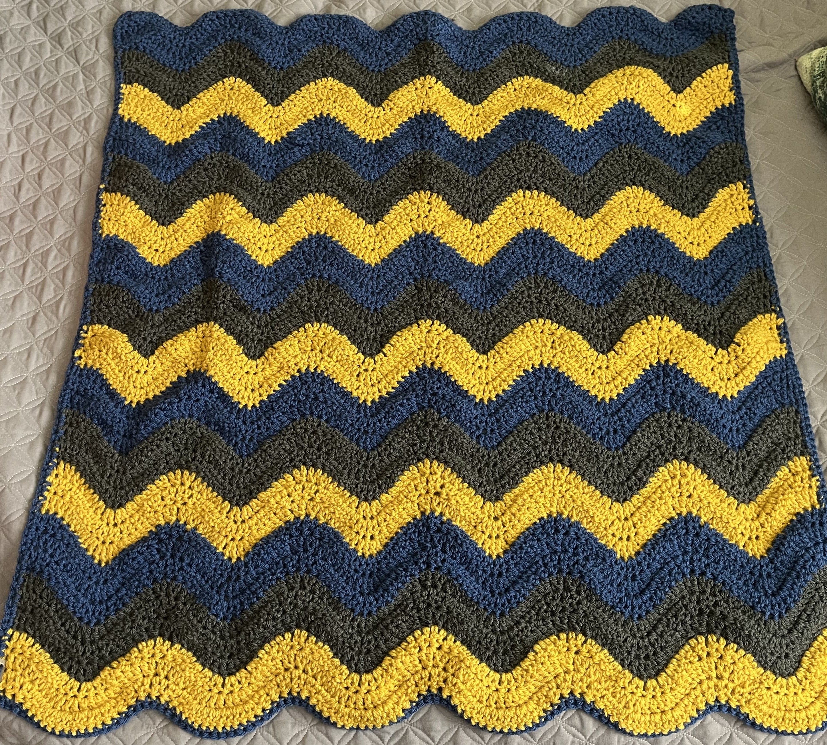 Handmade Crochet Chevron Blanket, Acrylic, Yellow/Blue/Gray, 33"x35", Small Throw