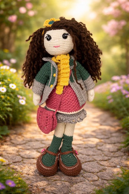 Handmade Emma Brunette Crochet Doll – 14" Amigurumi 8-Piece Gift Set